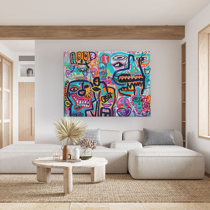 Canvas Schilderij Woonkamer Kleurrijk Kunstwerk met veel Gezichten