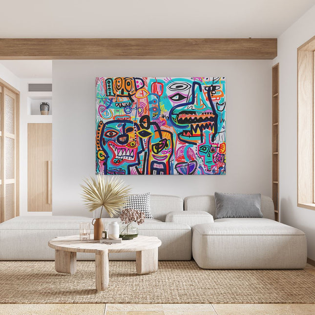 Canvas Schilderij Woonkamer Kleurrijk Kunstwerk met veel Gezichten