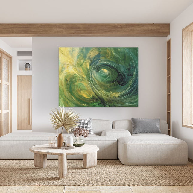 Canvas Schilderij Woonkamer Abstract Kunstwerk van Groene en Gele Wervelingen