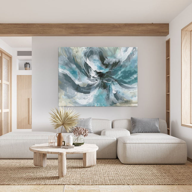 Canvas Schilderij Woonkamer Abstract Kunstwerk van een Blauwe en Witte Werveling