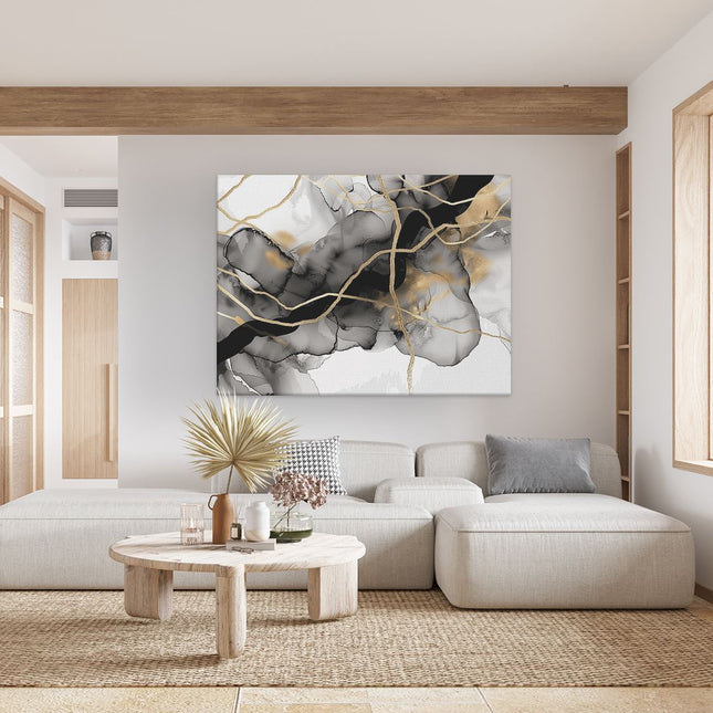 Canvas Schilderij Woonkamer Zwart en Goud Abstract Kunstwerk