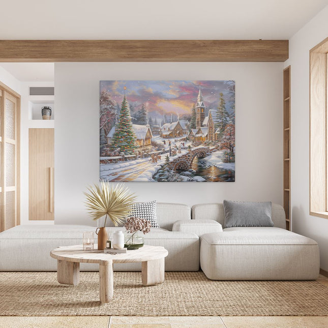 Canvas Schilderij Woonkamer Kunstwerk van een Kerstdorp
