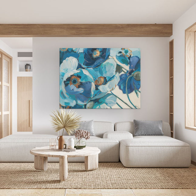 Canvas Schilderij Woonkamer Kunstwerk van Blauwe Bloemen op een Witte Achtergrond