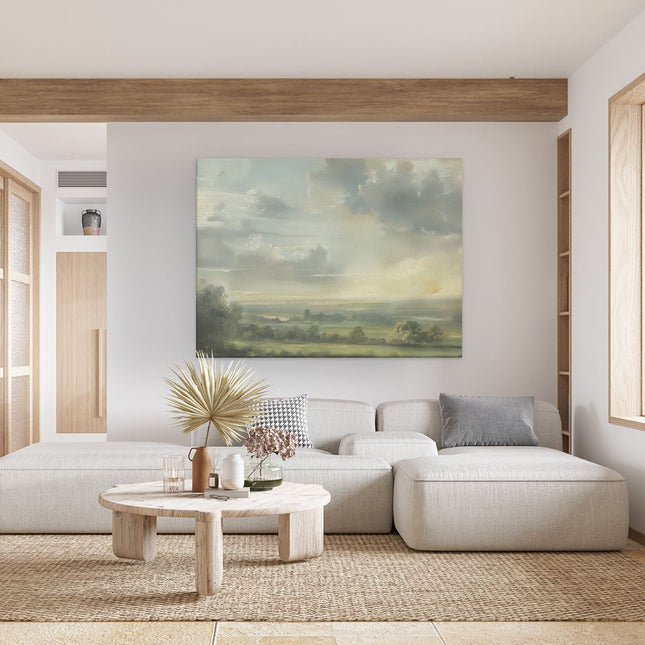 Canvas Schilderij Woonkamer Kunstwerk van Wolken boven een Veld