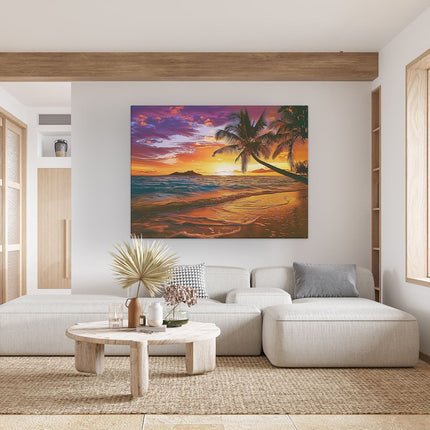 Canvas Schilderij Woonkamer Zonsondergang op een Strand met Palmbomen