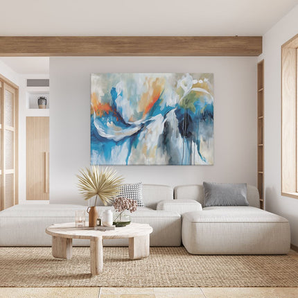 Canvas Schilderij Woonkamer Abstract Kunstwerk met Blauwe, Oranje en Witte Kleuren