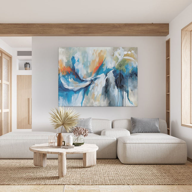 Canvas Schilderij Woonkamer Abstract Kunstwerk met Blauwe, Oranje en Witte Kleuren