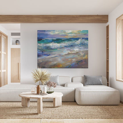 Canvas Schilderij Woonkamer Kunstwerk van een Strand met Golven