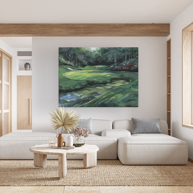 Canvas Schilderij Woonkamer Kunstwerk van een Golfbaan in het Bos