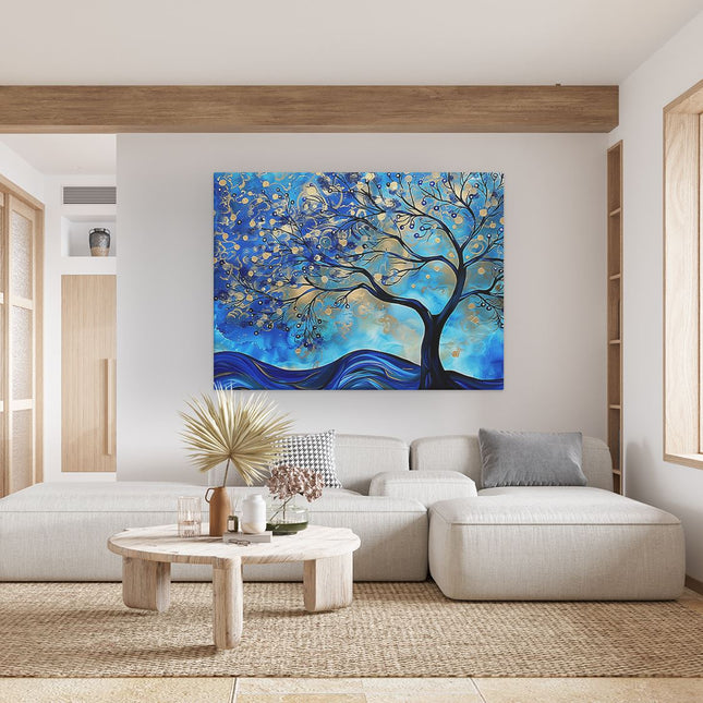 Canvas Schilderij Woonkamer Abstract Kunstwerk van een Boom in Blauw en Goud