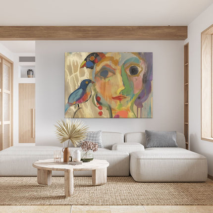Canvas Schilderij Woonkamer Kunstwerk van een Vrouw met Vogels op haar Hoofd