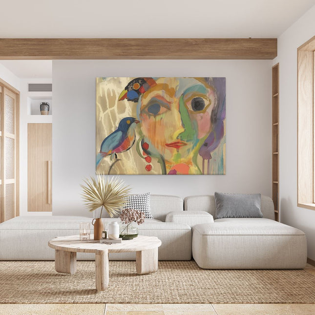 Canvas Schilderij Woonkamer Kunstwerk van een Vrouw met Vogels op haar Hoofd