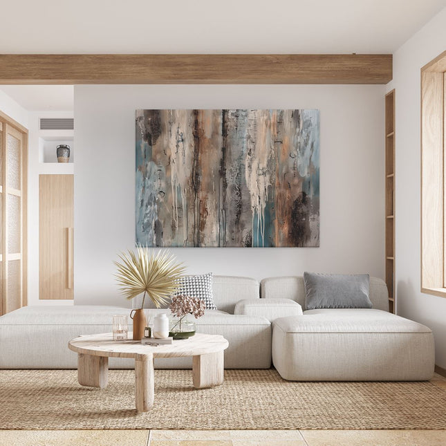 Canvas Schilderij Woonkamer Abstract Kunstwerk met Blauwe, Bruine en Bruine Kleuren