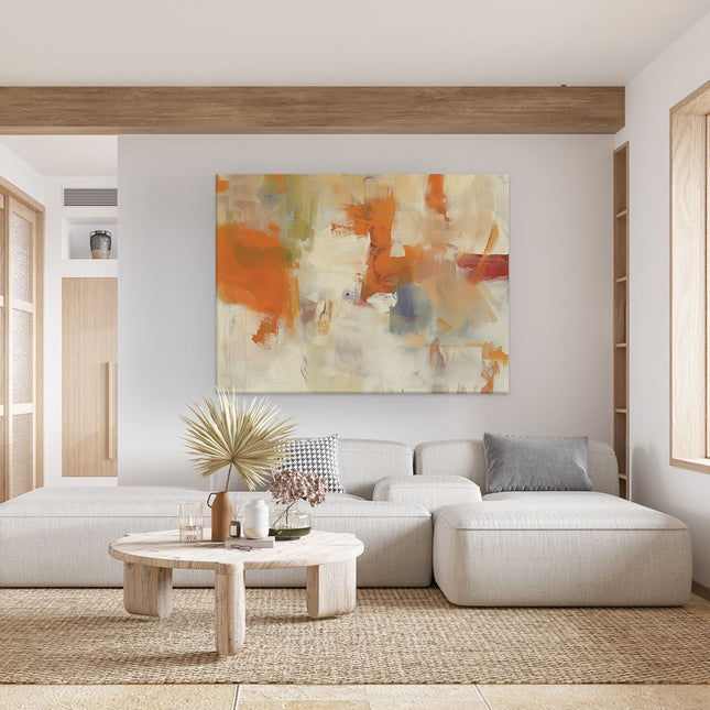 Canvas Schilderij Woonkamer Abstract Kunstwerk met Oranje en Beige Kleuren