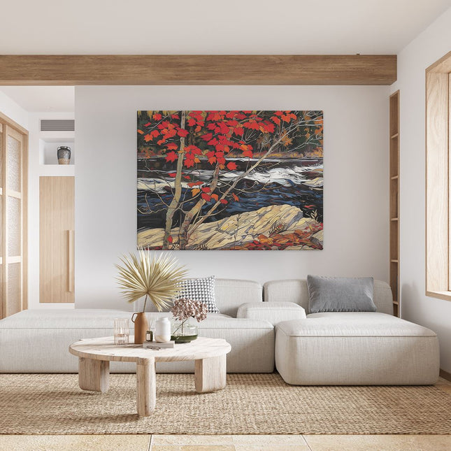 Canvas Schilderij Woonkamer Kunstwerk van een Rivier met Rode Bladeren