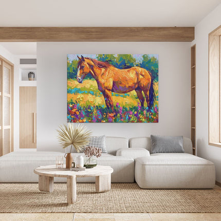 Canvas Schilderij Woonkamer Paard in een Veld met Bloemen