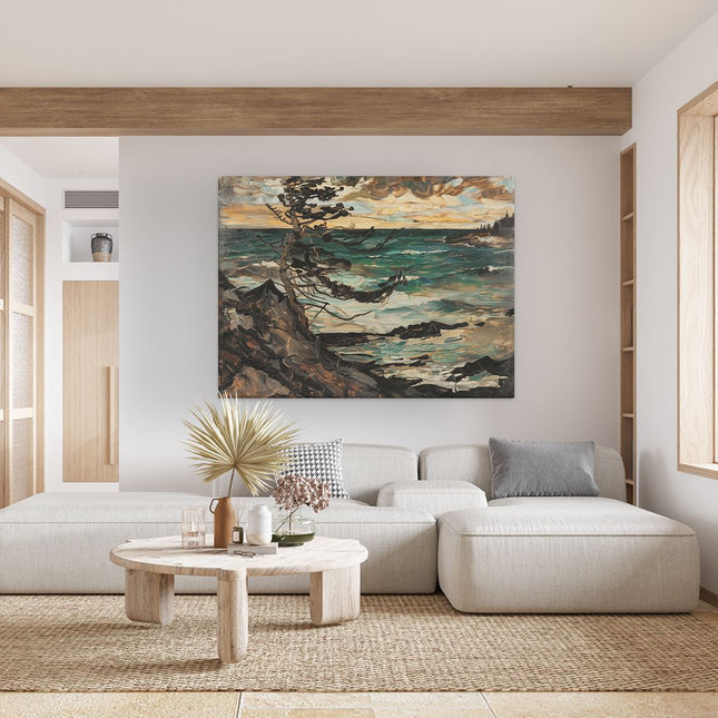 Canvas Schilderij Woonkamer Kunstwerk van een Boom op een Rotsachtige Kust