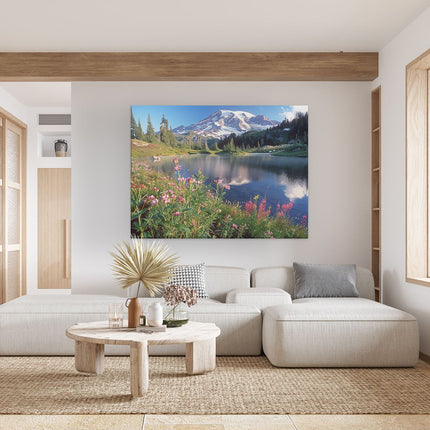 Canvas Schilderij Woonkamer Meer Omgeven door Wilde Bloemen