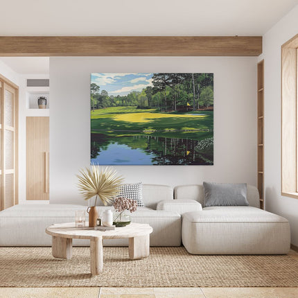 Canvas Schilderij Woonkamer Kunstwerk van een Golfbaan met Vijver