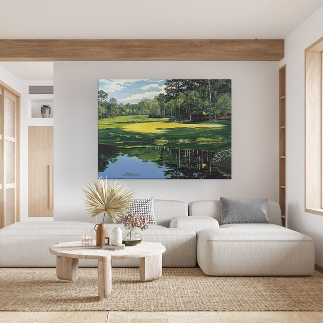 Canvas Schilderij Woonkamer Kunstwerk van een Golfbaan met Vijver