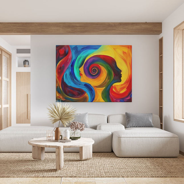 Canvas Schilderij Woonkamer Kleurrijk Kunstwerk van het Hoofd van een Vrouw