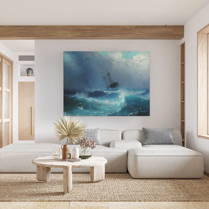Canvas Schilderij Woonkamer Kunstwerk van een Schip in een Stormachtige Zee