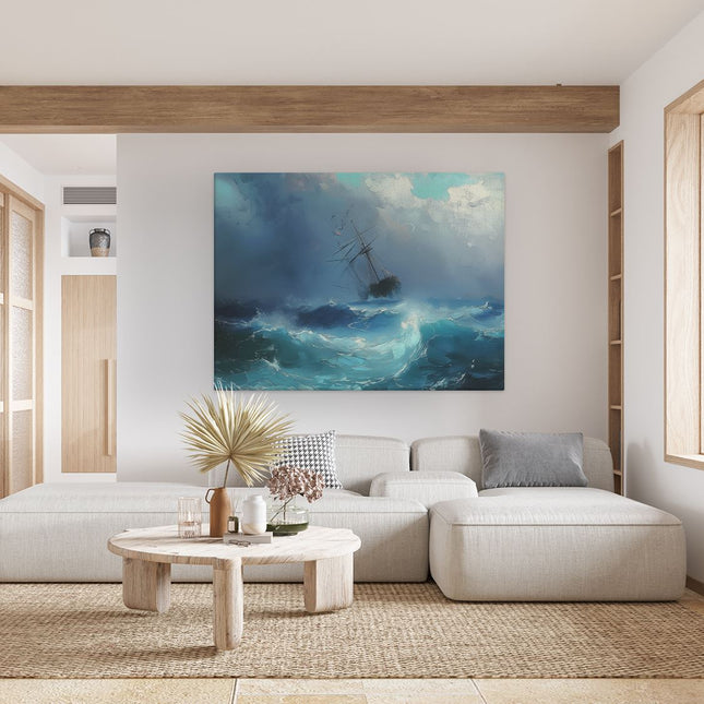 Canvas Schilderij Woonkamer Kunstwerk van een Schip in een Stormachtige Zee