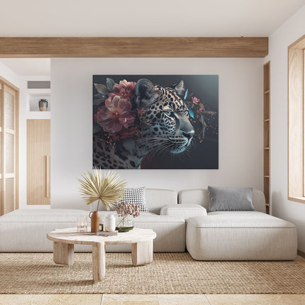 Canvas Schilderij Woonkamer Luipaard met Bloemen op zijn Kop