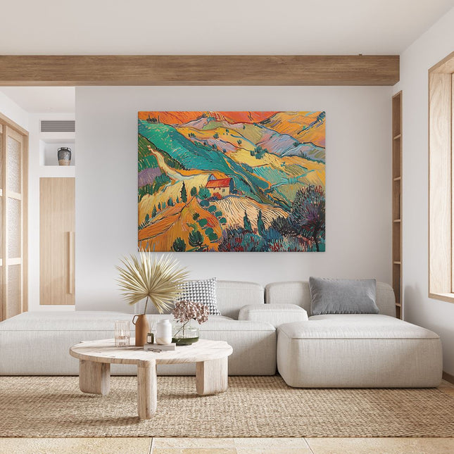 Canvas Schilderij Woonkamer Kunstwerk van een Huis op een Heuvel
