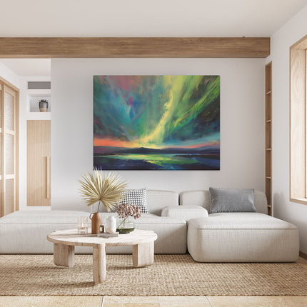 Canvas Schilderij Woonkamer Aurora Boorde Zich boven een Meer