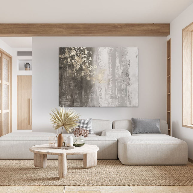 Canvas Schilderij Woonkamer Abstract Kunstwerk met Gouden en Zilveren Spetters