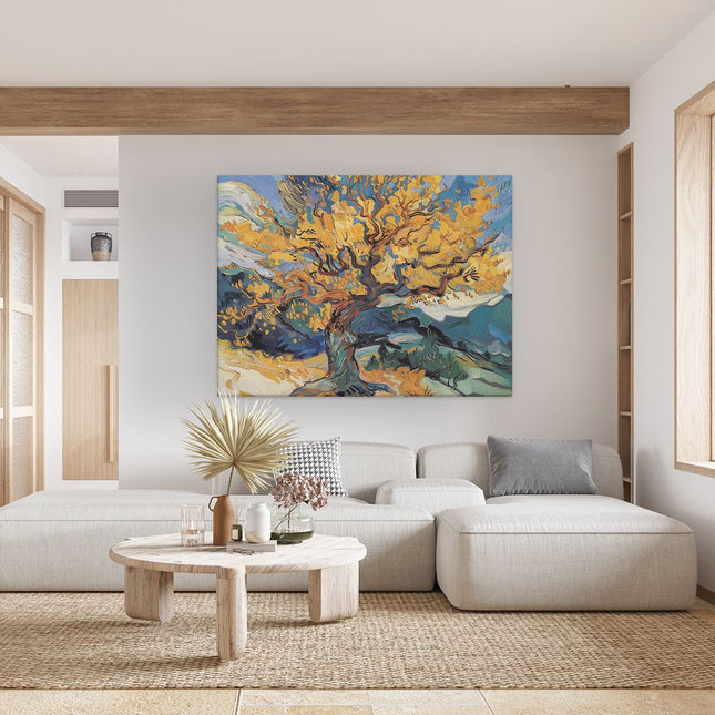 Canvas Schilderij Woonkamer Kunstwerk van een Boom met Gele Bladeren