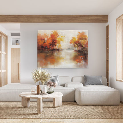 Canvas Schilderij Woonkamer Kunstwerk van Herfstbomen bij een Rivier