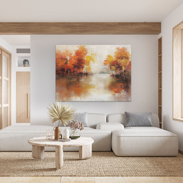 Canvas Schilderij Woonkamer Kunstwerk van Herfstbomen bij een Rivier