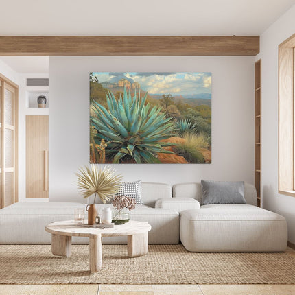 Canvas Schilderij Woonkamer Cactus in de Woestijn met Bergen op de Achtergrond