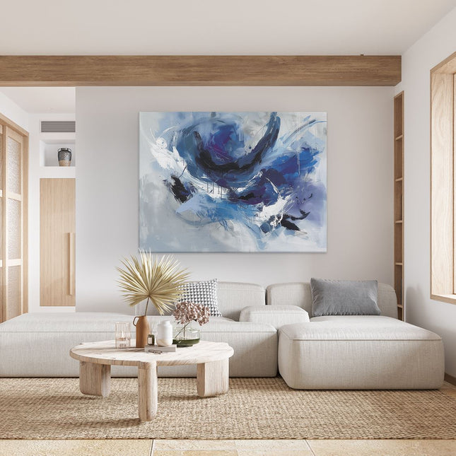 Canvas Schilderij Woonkamer Abstract Kunstwerk van Blauw en Wit