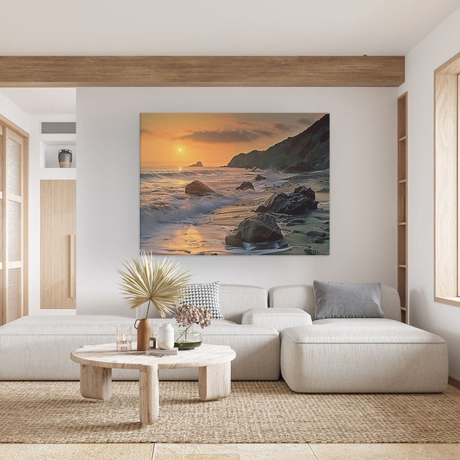 Canvas Schilderij Woonkamer De Zon gaat onder boven een Rotsachtig Strand