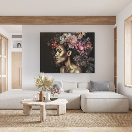 Canvas Schilderij Woonkamer Vrouw met Bloemen in haar Haar