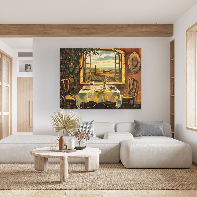 Canvas Schilderij Woonkamer Kunstwerk van een Tafel met Wijn en Uitzicht op Toscane