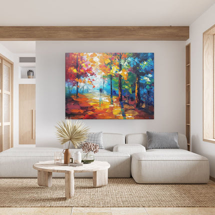 Canvas Schilderij Woonkamer Olieverfschilderij van een Stel dat in het Bos loopt