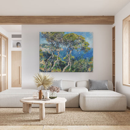 Canvas Schilderij Woonkamer Kunstwerk van Bomen op een Heuvel met Uitzicht op de Oceaan
