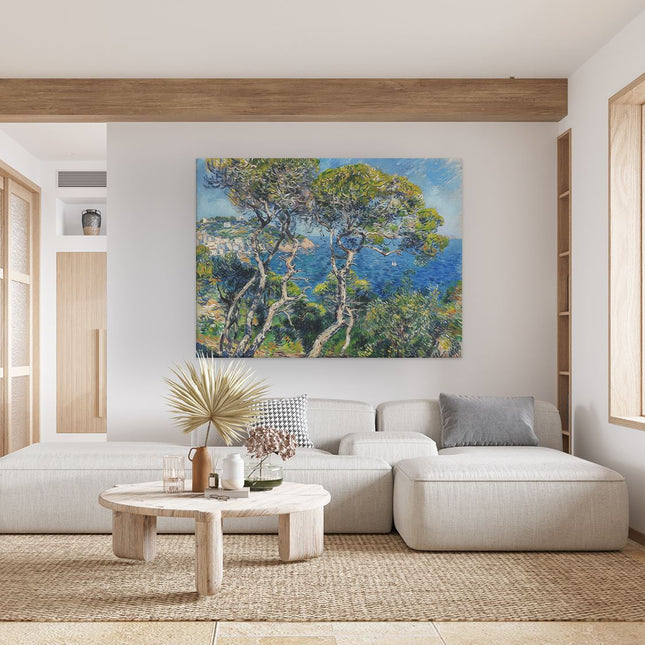Canvas Schilderij Woonkamer Kunstwerk van Bomen op een Heuvel met Uitzicht op de Oceaan