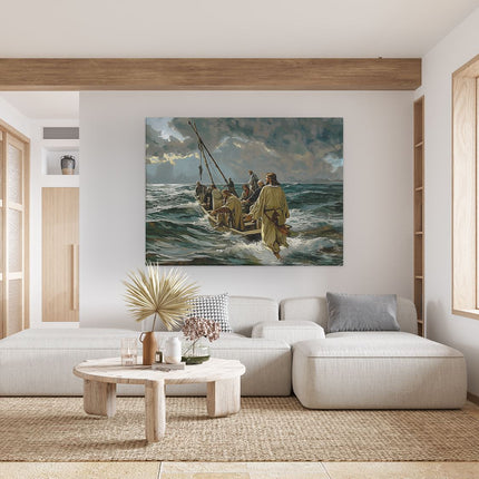 Canvas Schilderij Woonkamer Kunstwerk van Jezus en zijn Volgelingen in een Boot