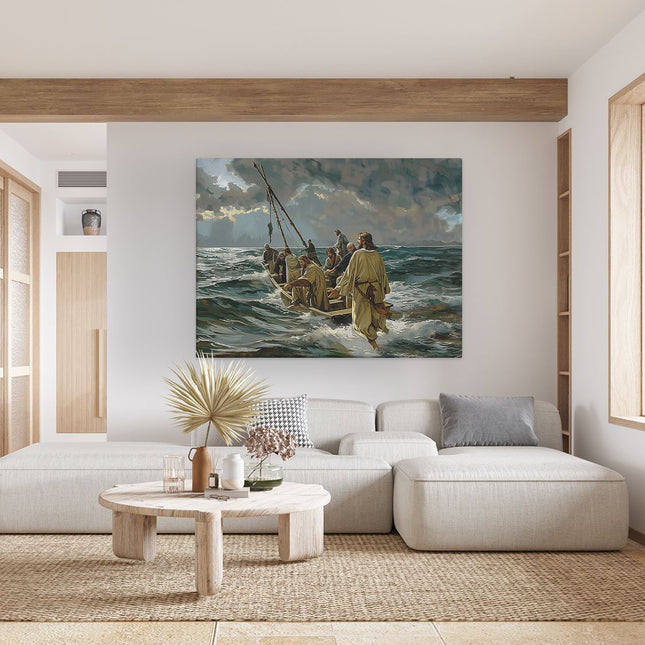 Canvas Schilderij Woonkamer Kunstwerk van Jezus en zijn Volgelingen in een Boot