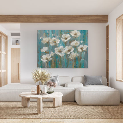 Canvas Schilderij Woonkamer Witte Bloemen op een Blauwe Achtergrond