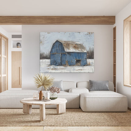 Canvas Schilderij Woonkamer Kunstwerk van een Blauwe Schuur in de Sneeuw