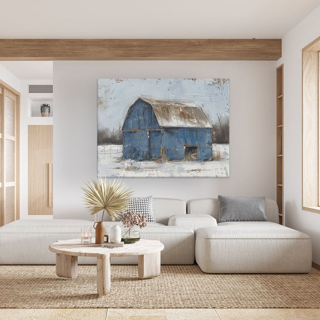 Canvas Schilderij Woonkamer Kunstwerk van een Blauwe Schuur in de Sneeuw