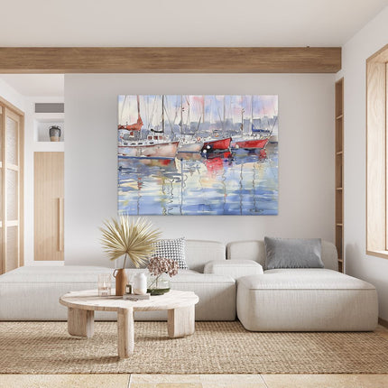 Canvas Schilderij Woonkamer Aquarelkunstwerk van Zeilboten Aangemeerd in een Haven