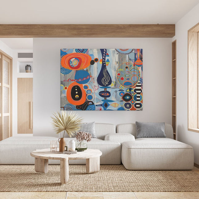 Canvas Schilderij Woonkamer Abstract Kunstwerk met Blauwe, Oranje en Zwarte Vormen