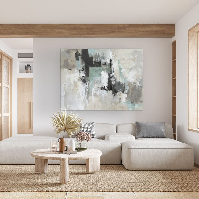 Canvas Schilderij Woonkamer Abstract Kunstwerk met Zwarte, Witte en Grijze Kleuren